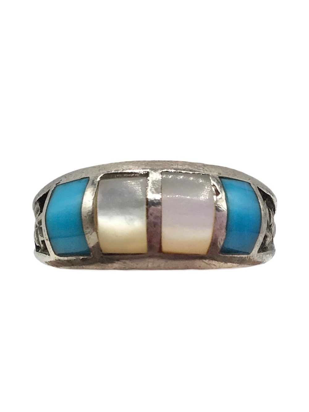 Sz 8.25 Vintage Sterling Silver Turquoise & Mother of Pearl Inlay Ring